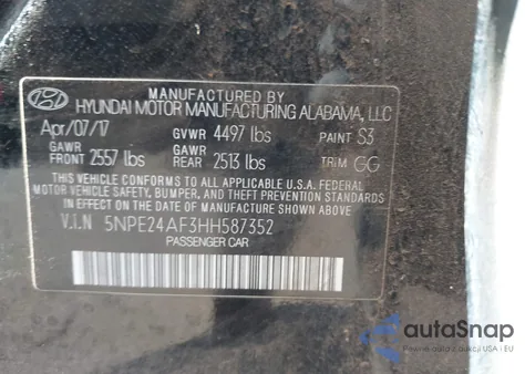 2017 Hyundai Sonata Se из США, поврежденный, VIN 5NPE24AF3HH587352